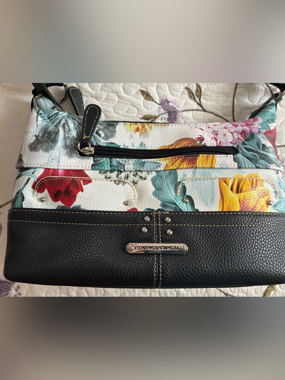 Stone Mountain Accessories Floral Printed Shoulder Bag with Black Trim